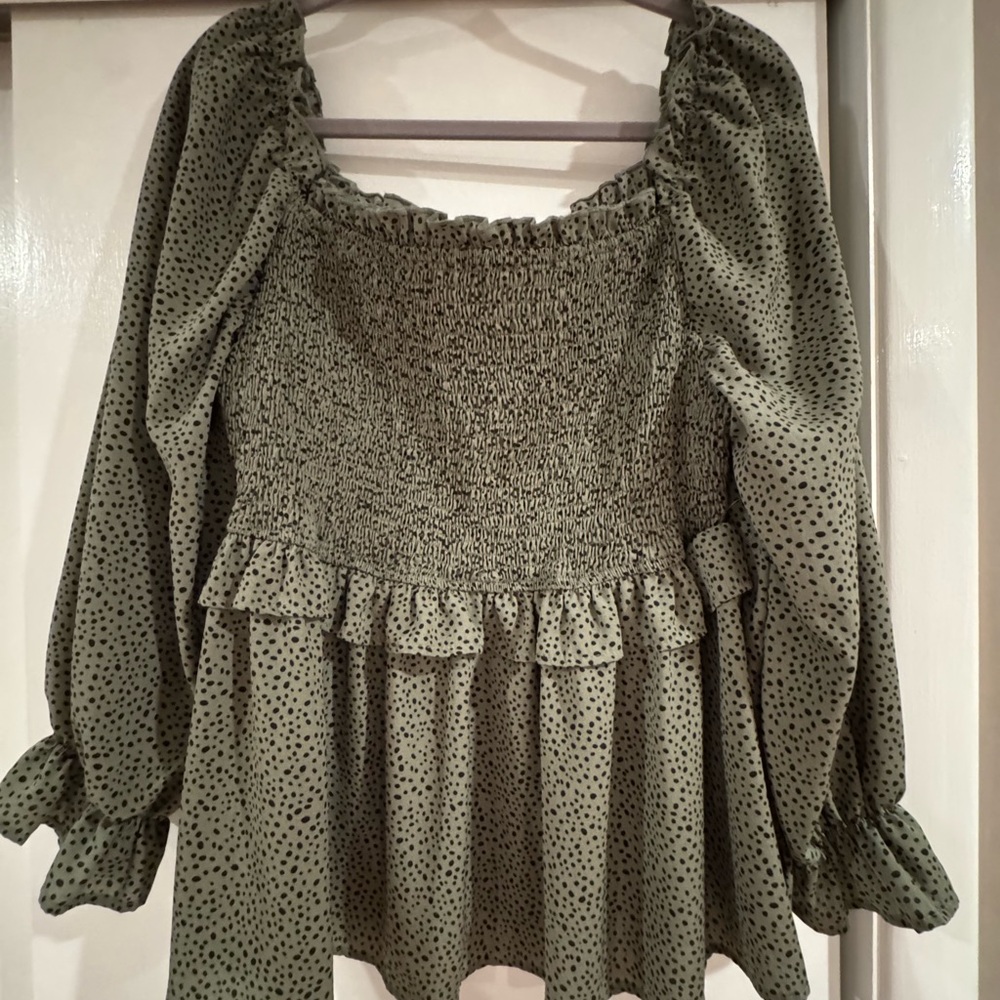 Green Polka Dot Smocked Women's Top